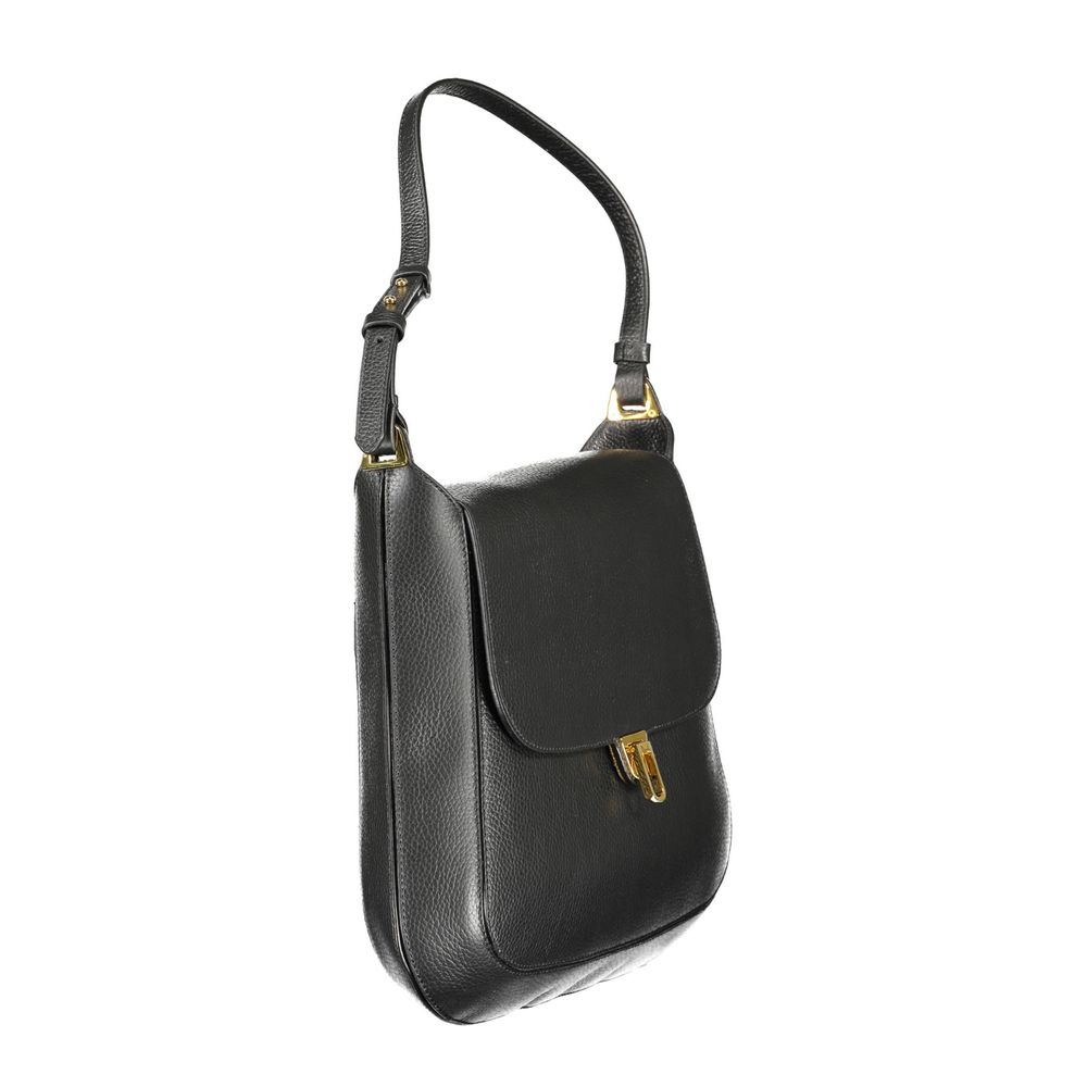 Black leather crossbody bag with gold accents