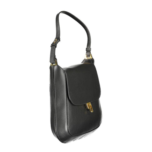 Black leather crossbody bag with gold accents