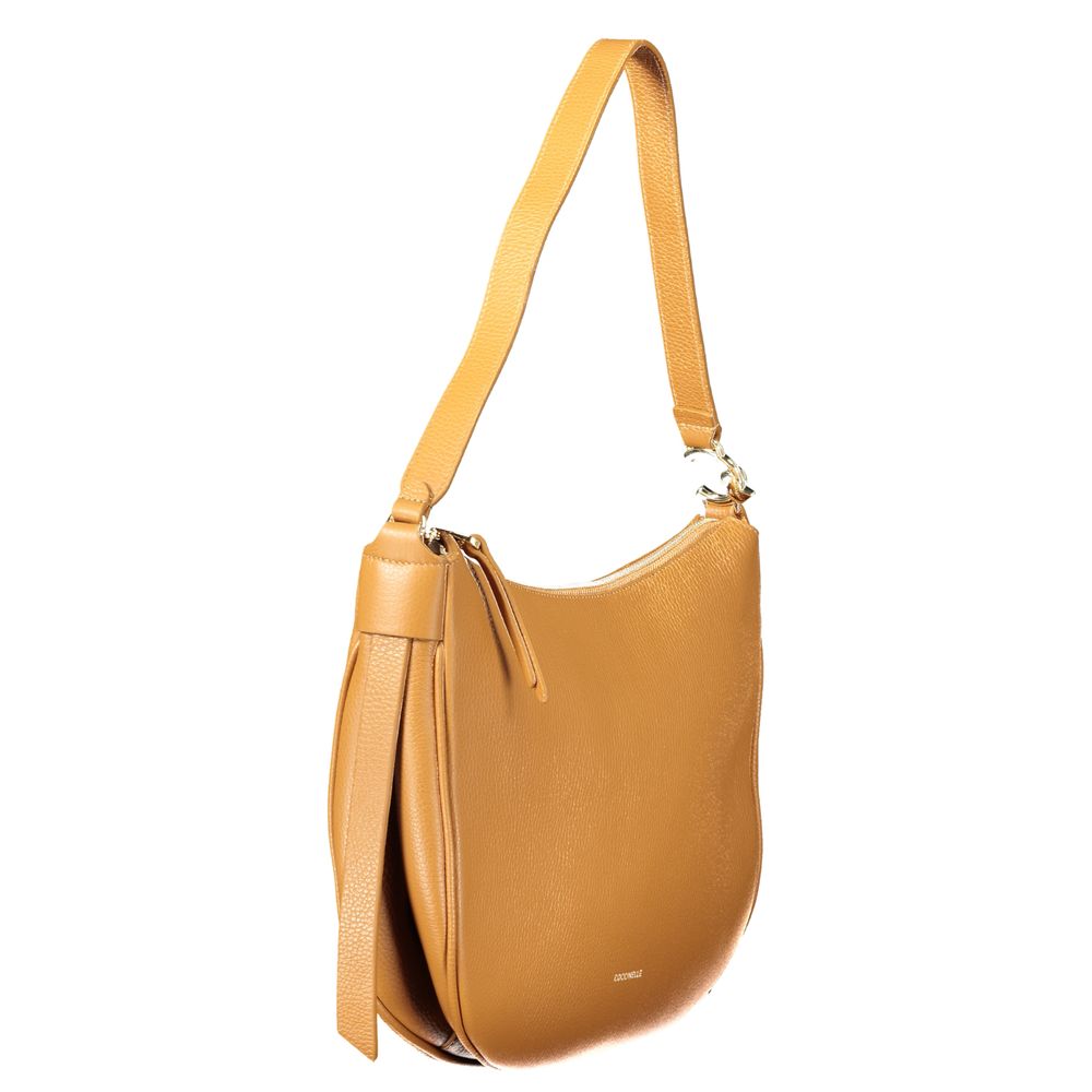 Brown leather handbag with long strap