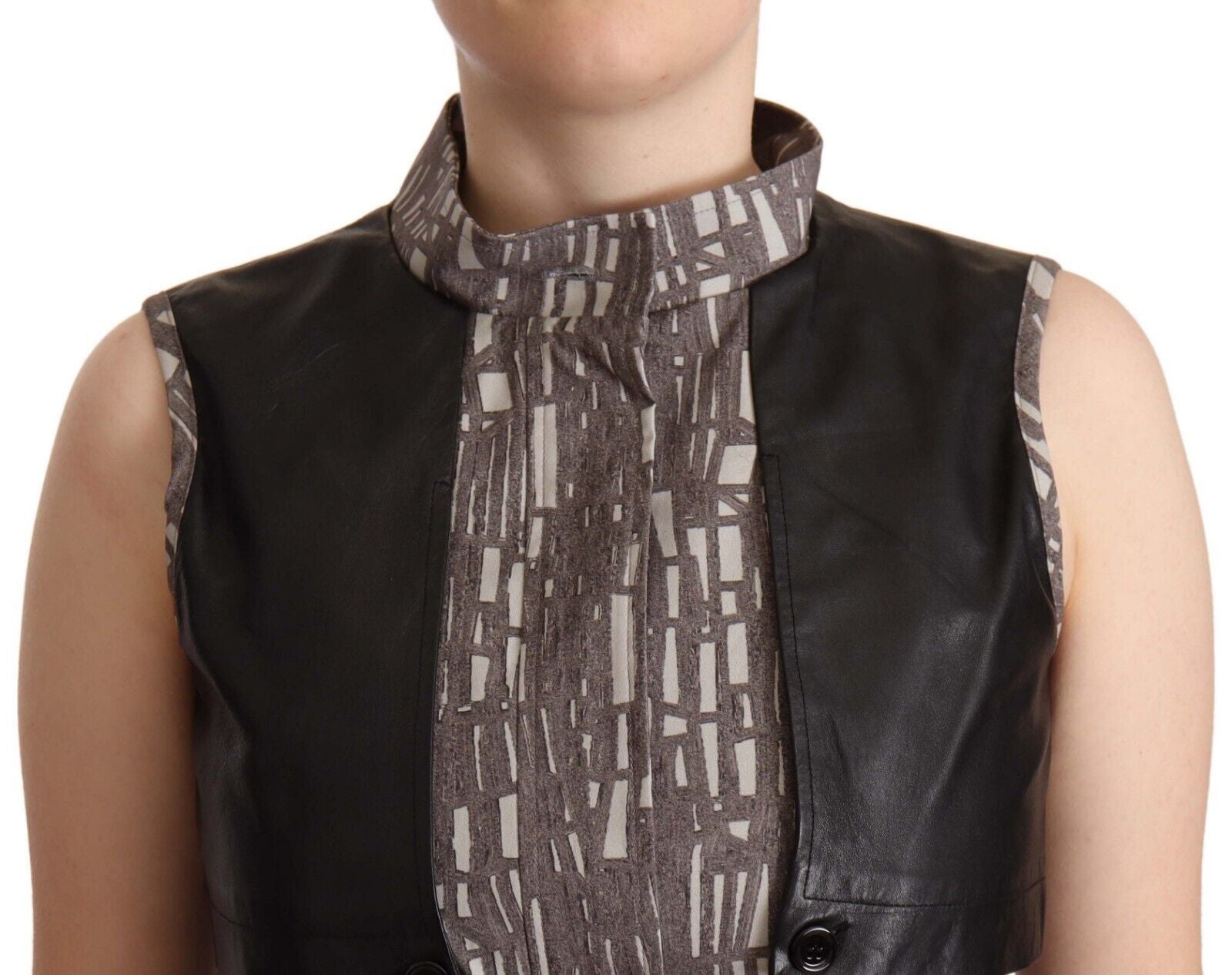 Black leather vest with gray patterned collar