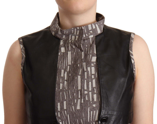 Black leather vest with gray patterned collar