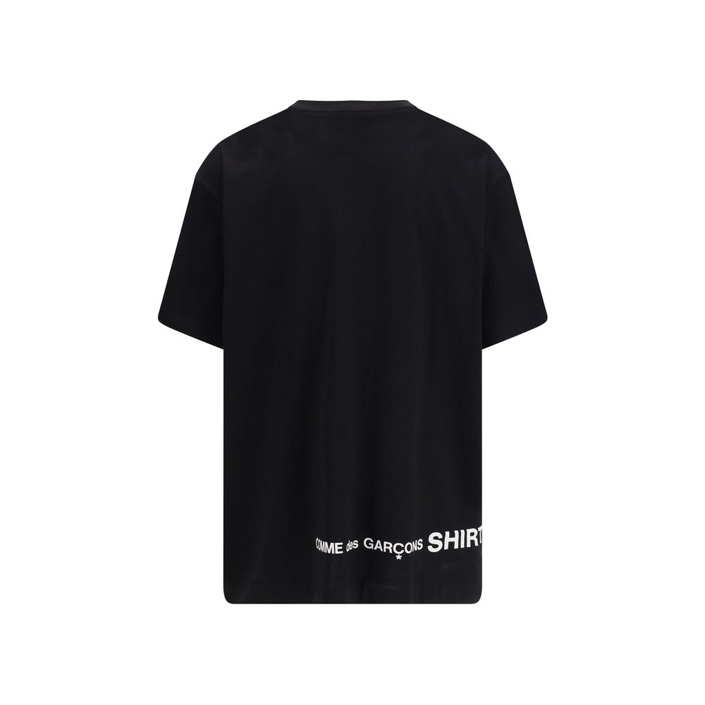 A black cotton t-shirt with white text on back