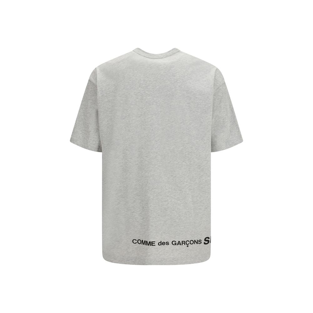 A gray cotton t-shirt with a logo on the back