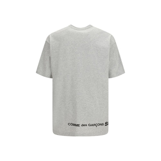 A gray cotton t-shirt with a logo on the back