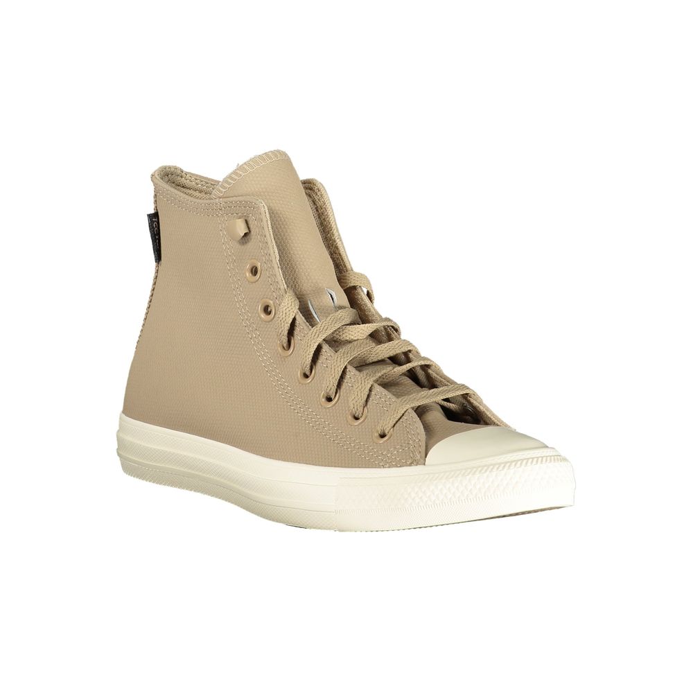 Tan canvas unisex sneaker with laces, rubber sole, and star logo on side