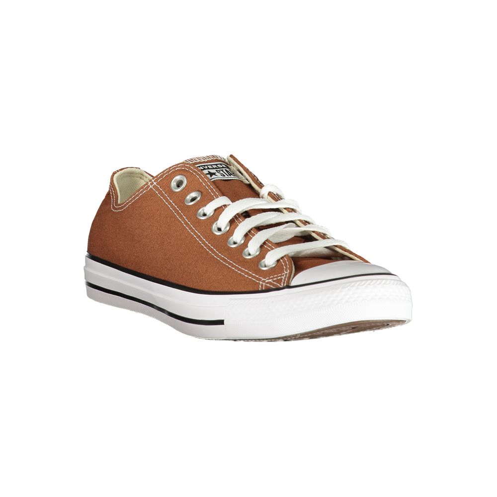 Brown canvas unisex sneakers with white laces, rubber sole and logo on side