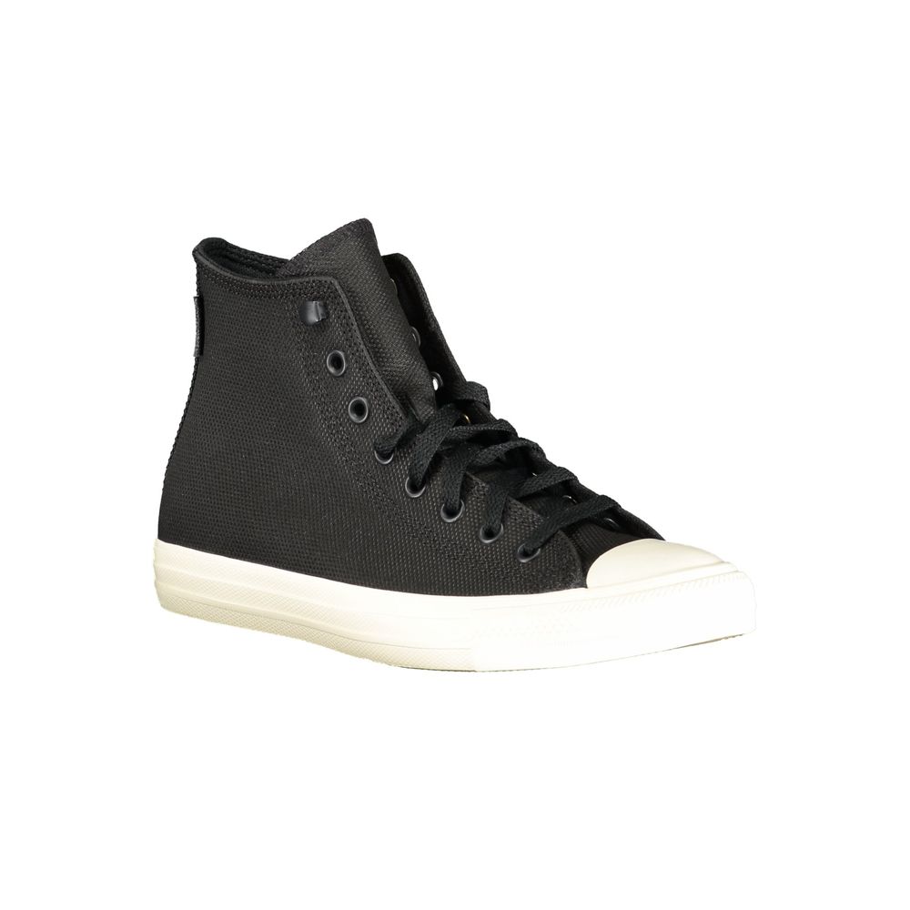 Black leather unisex sneaker with white sole, laces, and logo