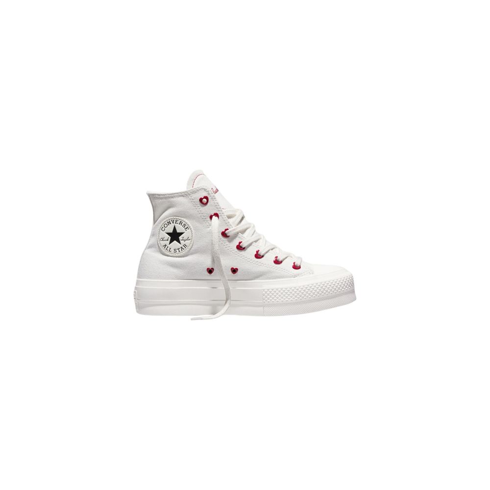 White high top sneaker with red heart pattern on side