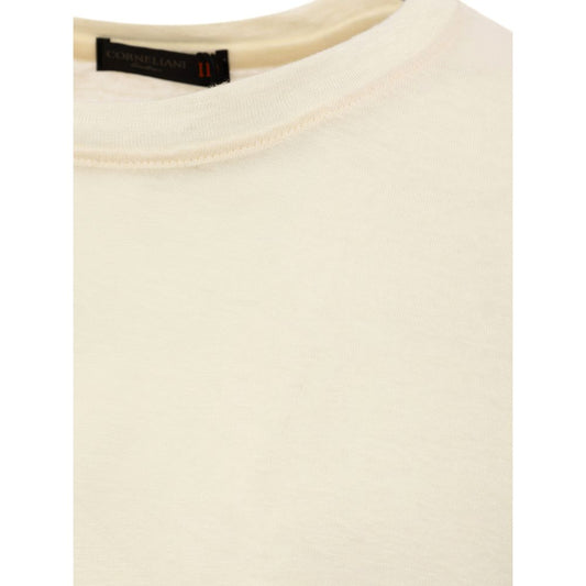 Tan cotton t-shirt with black label on neckline