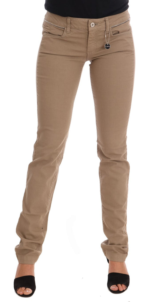 Tan women's jeans with zippered pockets on front