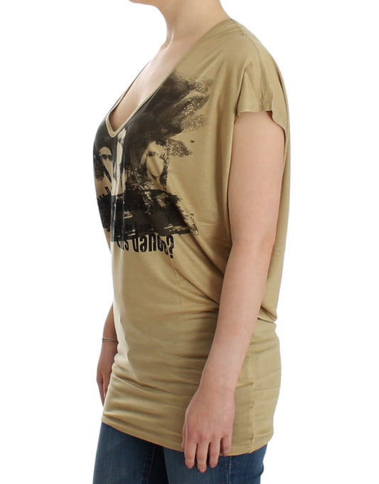 Tan v neck t shirt with graphic print on front