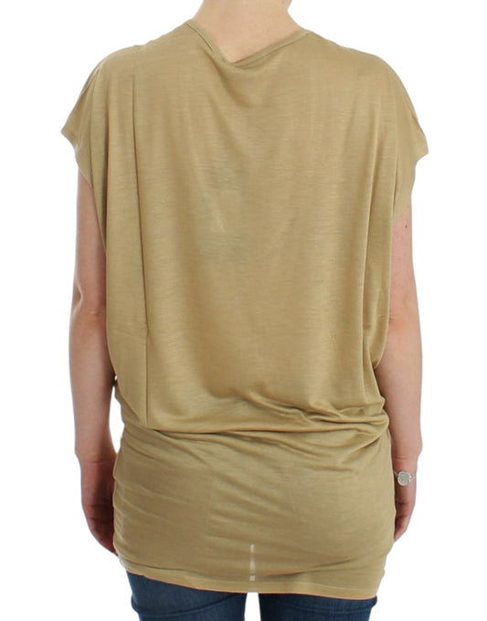 Backless tan top on woman