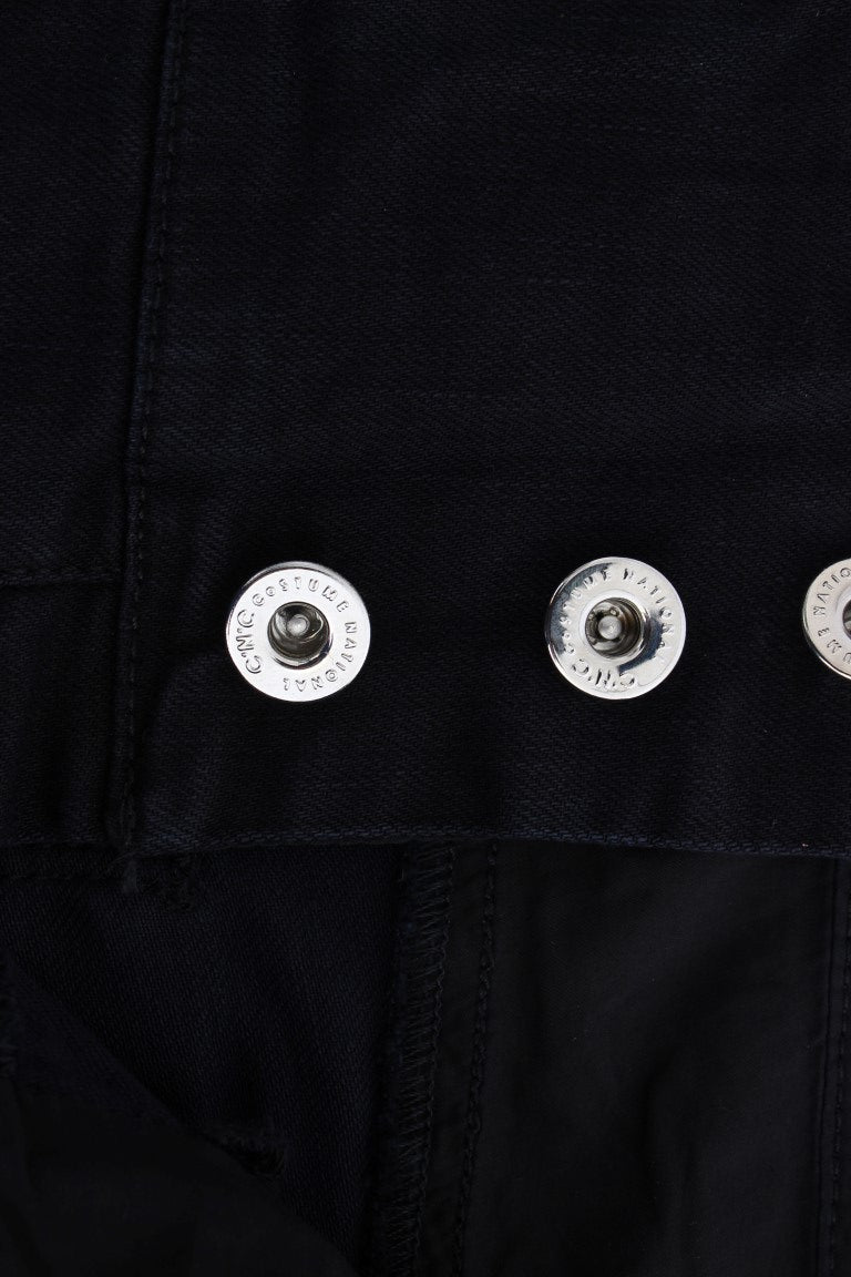 Black fabric with two silver buttons