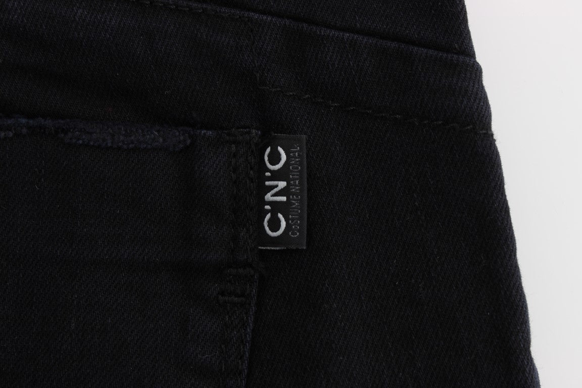 Black denim jeans with white label on waistband