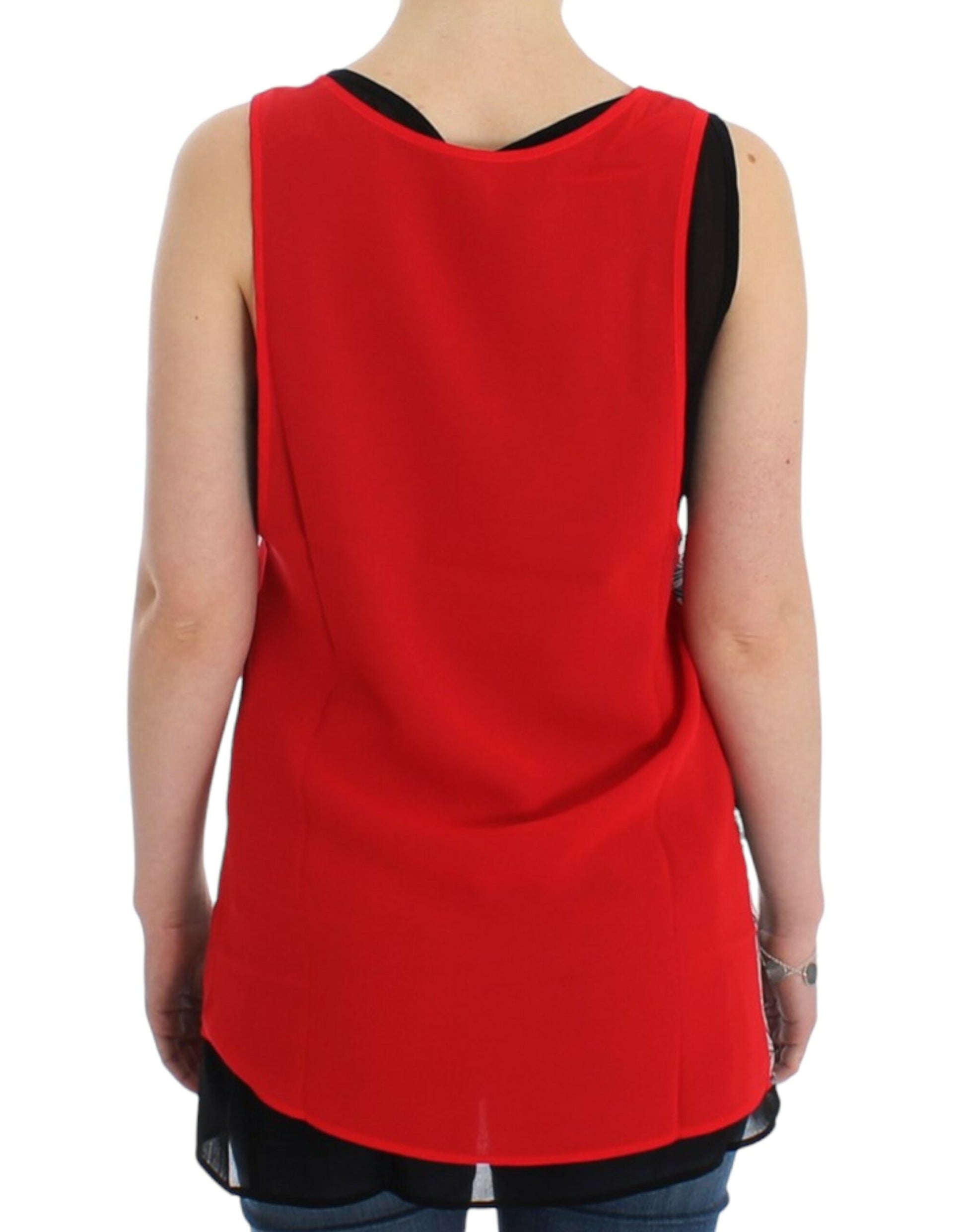 Red sleeveless top on a woman's back