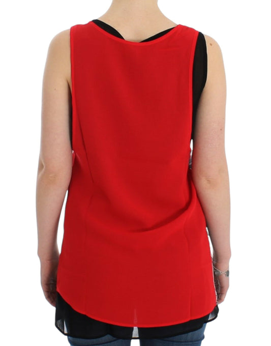 Red sleeveless top on a woman's back