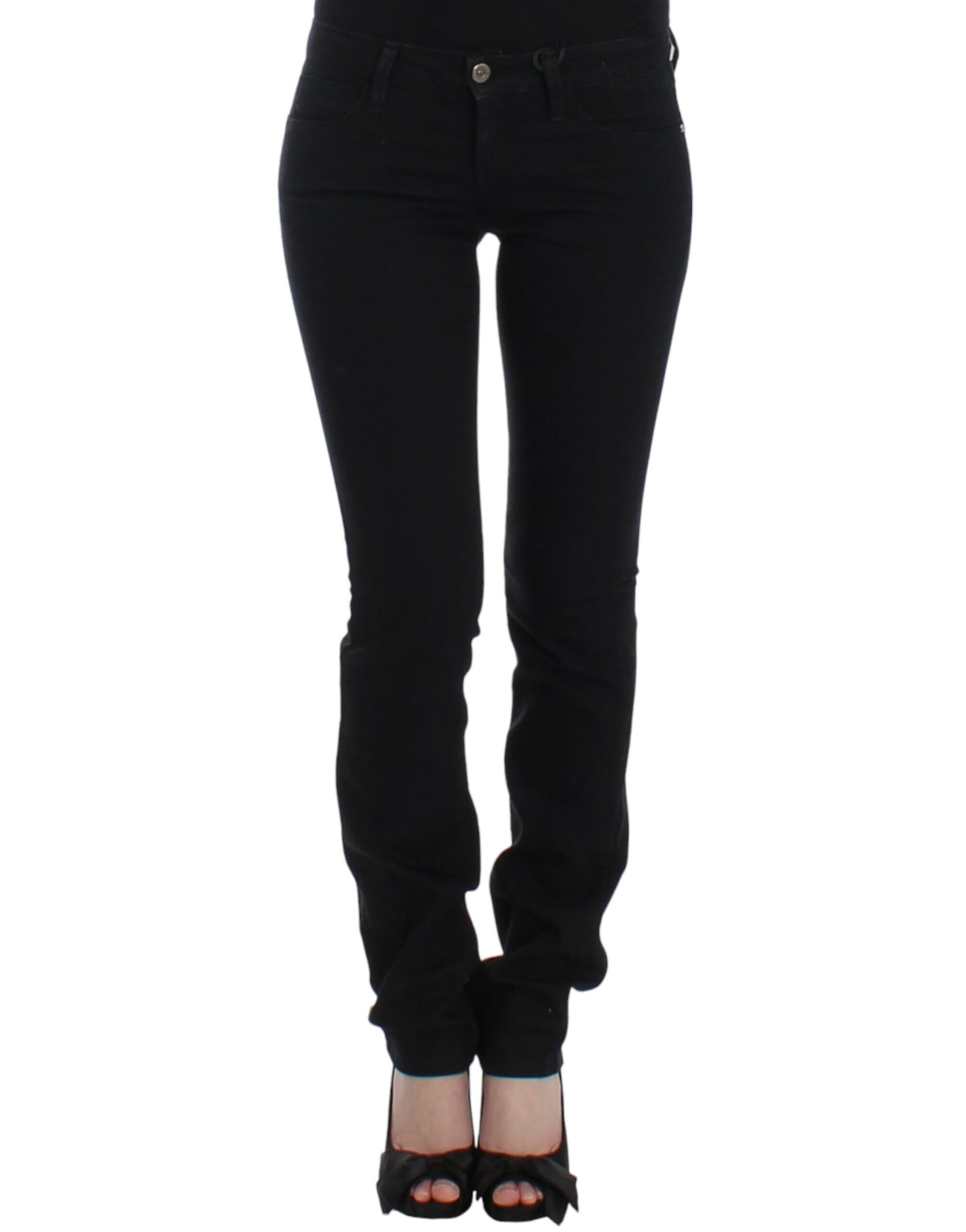 Pair of black skinny jeans with a high waist and zipper detailing