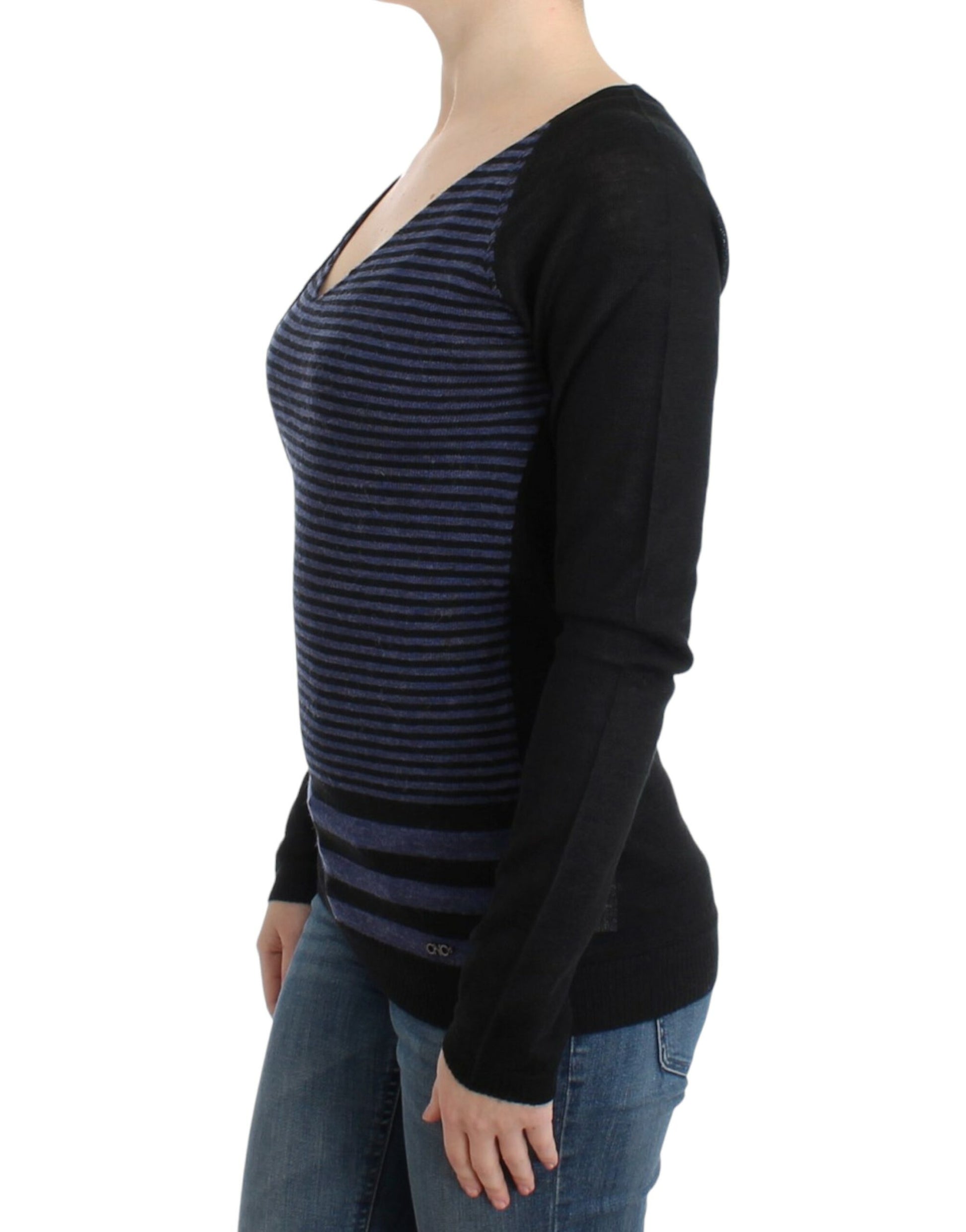 Long sleeve striped sweater worn by woman