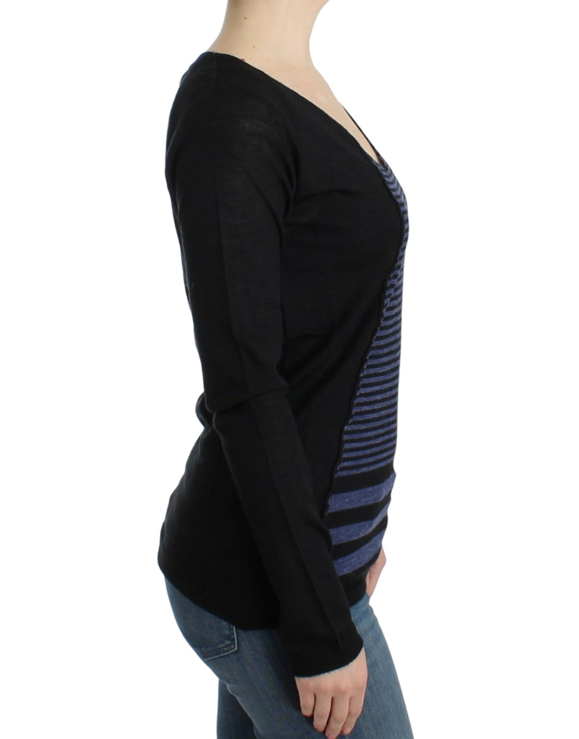 Long sleeve black sweater with blue stripes