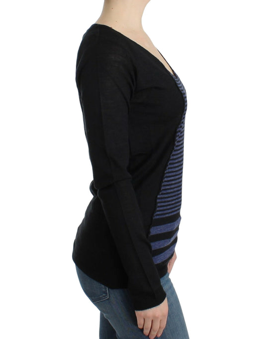 Long sleeve black sweater with blue stripes