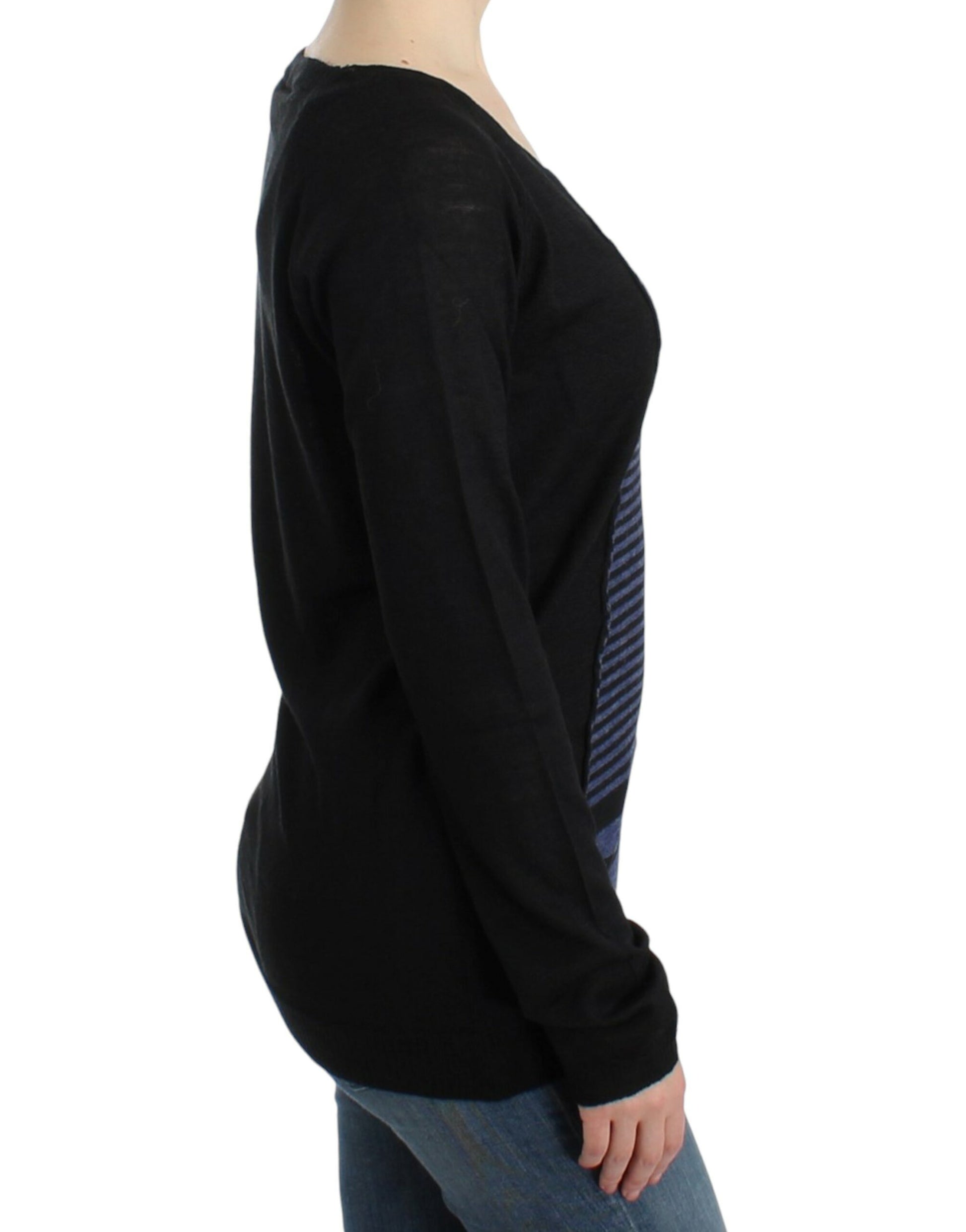 Long sleeve black shirt with blue stripes on back