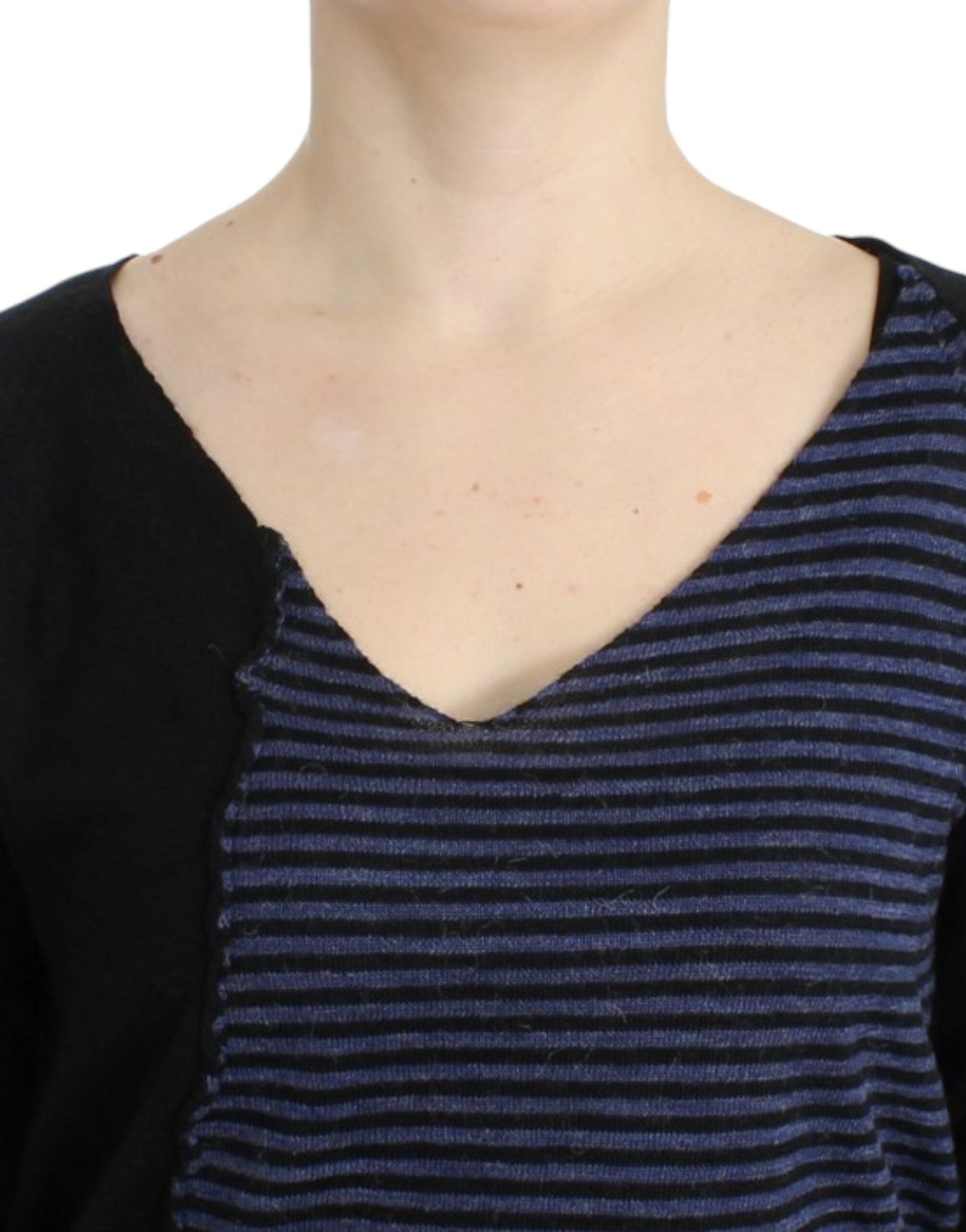 Woman wearing a blue striped top