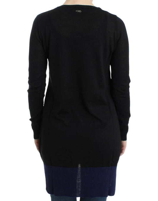 Black long sleeve dress with blue accent on back
