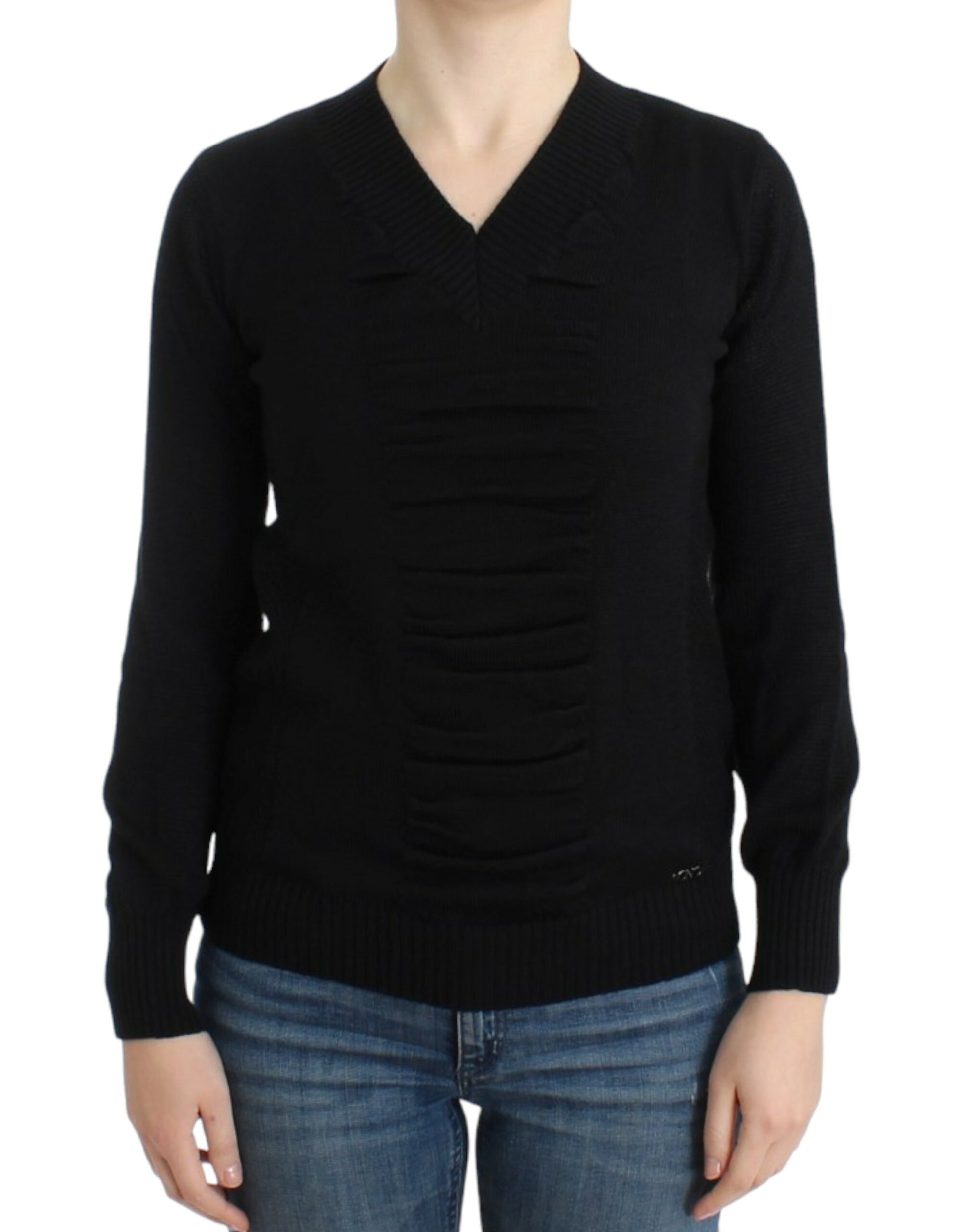 Black long sleeve sweater worn by woman