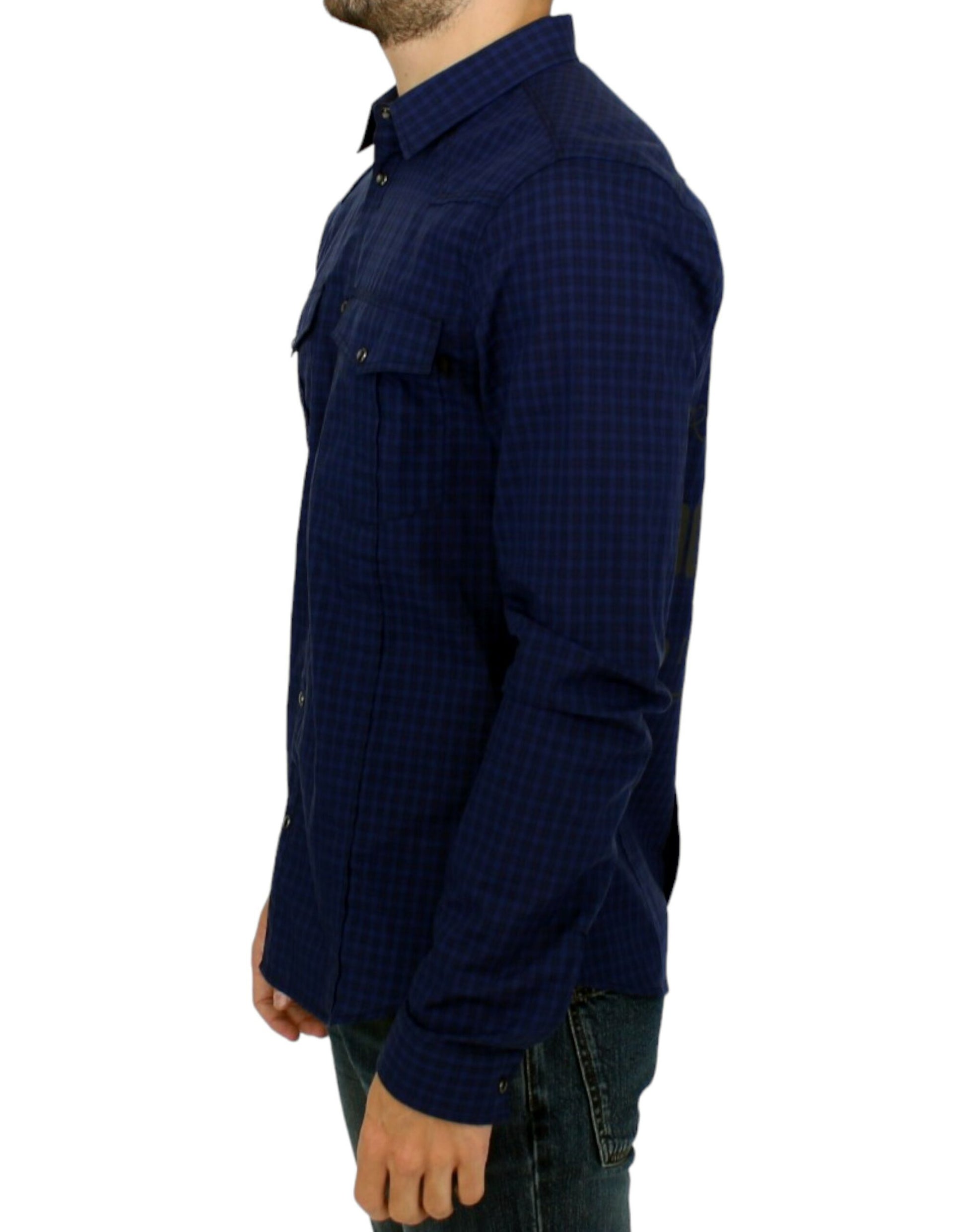 Man wearing blue plaid shirt