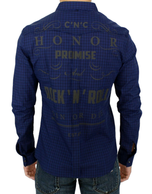 Blue denim shirt with embroidered design on back