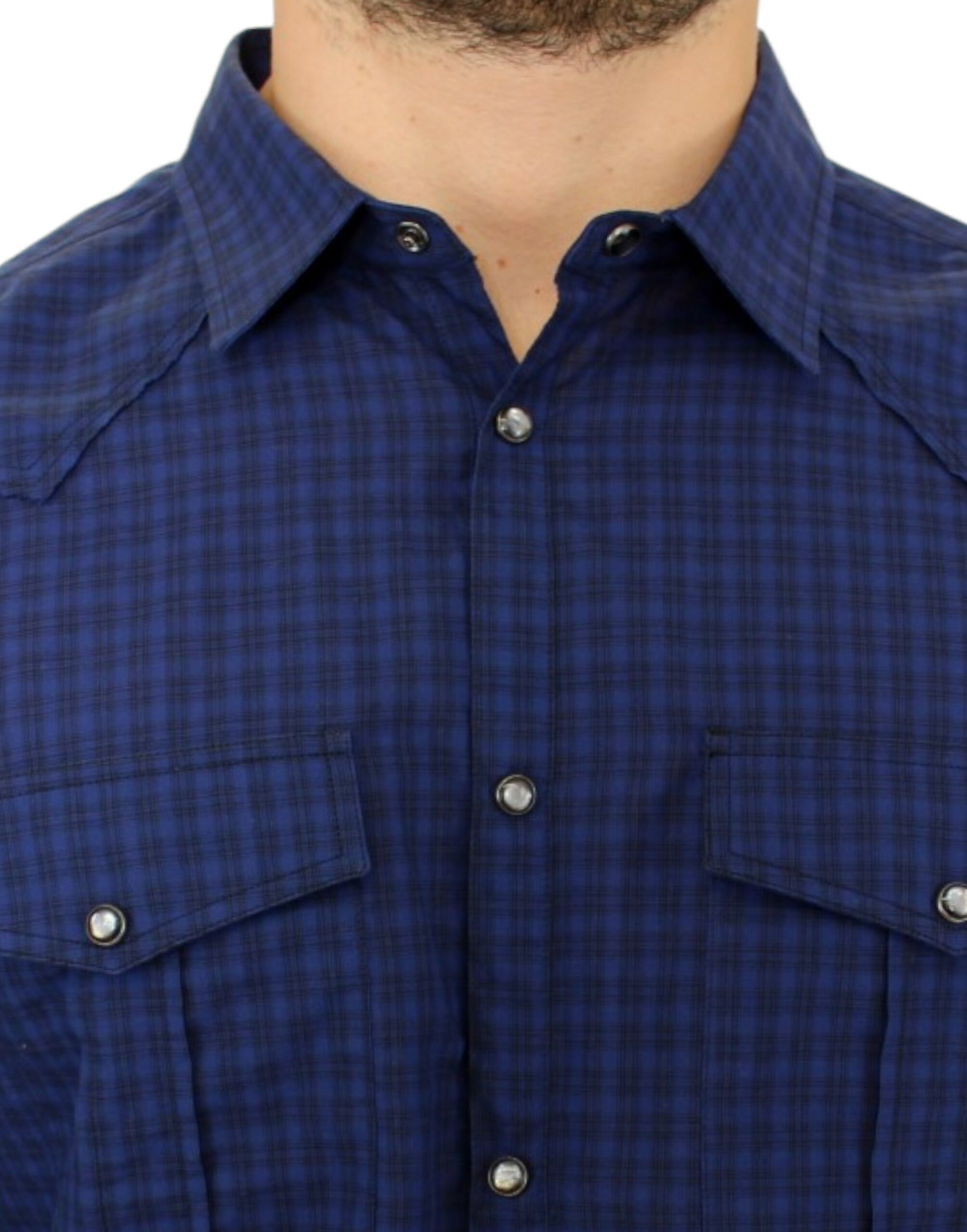 Blue plaid shirt on man