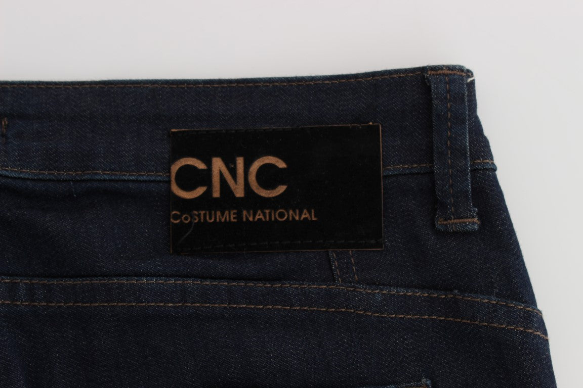 Pair of blue jeans with a black label on the waistband