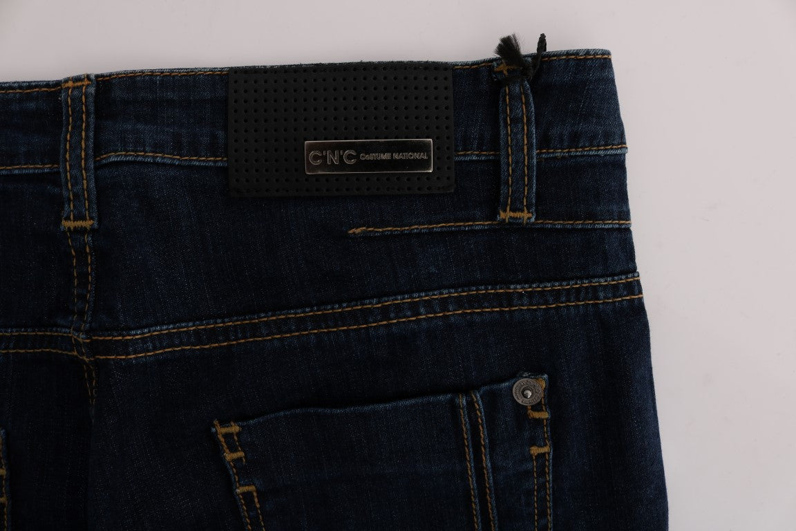 Pair of blue jeans with a label on the waistband