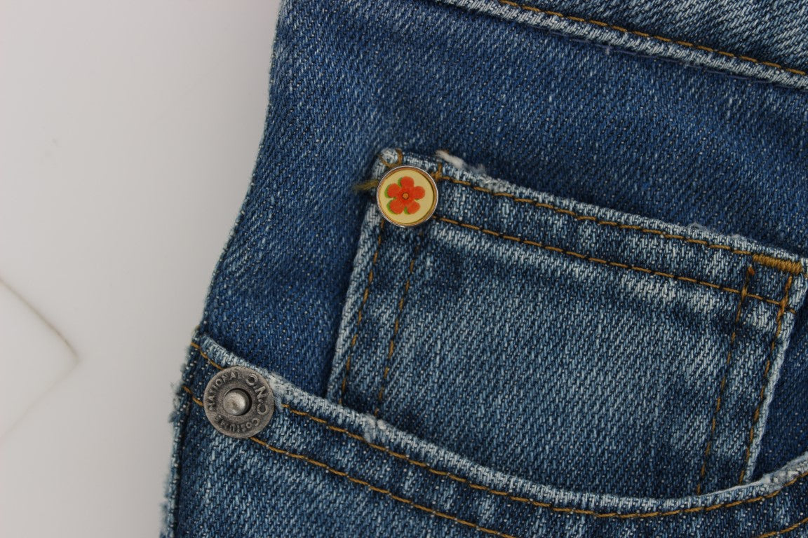 Blue denim jeans pocket with button and rivet detail
