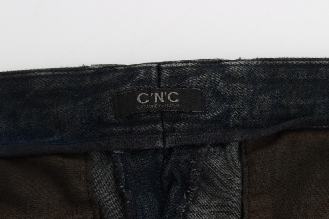 Blue denim jeans with visible brand label on waistband