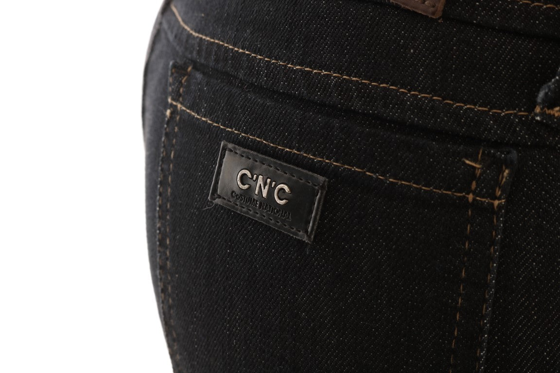 Pair of blue jeans with a visible logo on the back pocket