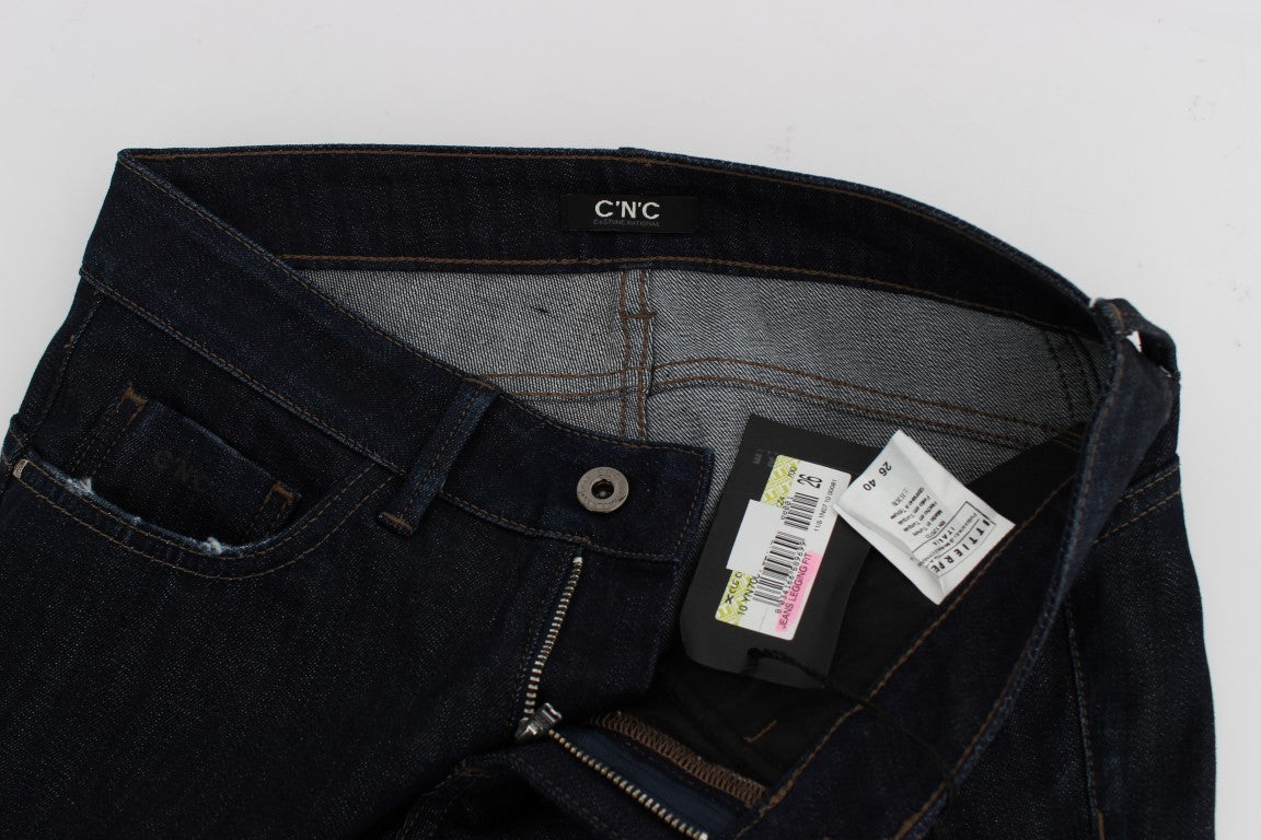 Pair of blue jeans with tags inside waistband