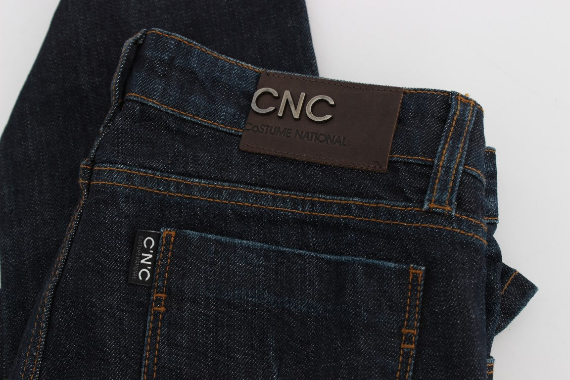 Pair of blue jeans with brand label on waistband