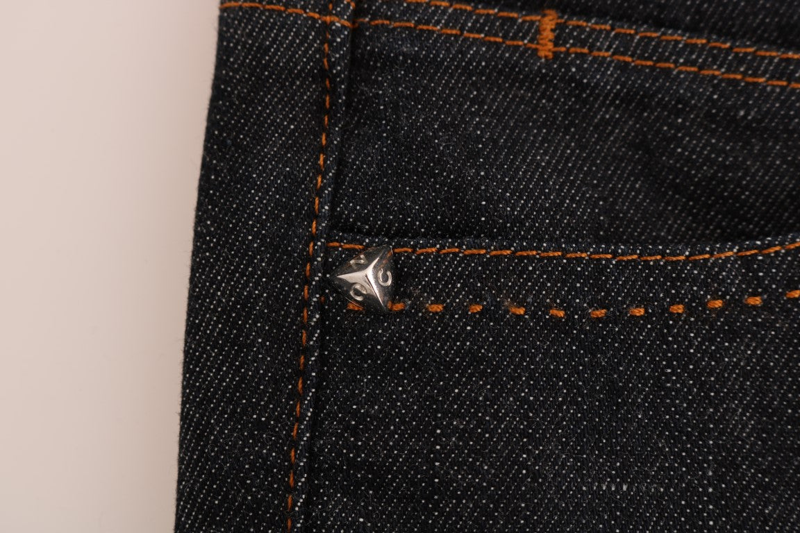 Pair of blue jeans with orange stitching
