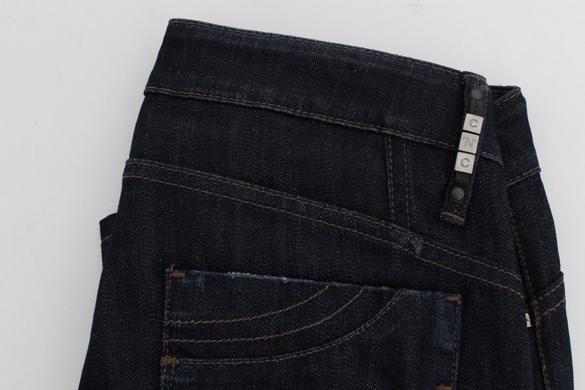 Pair of blue jeans with a button closure