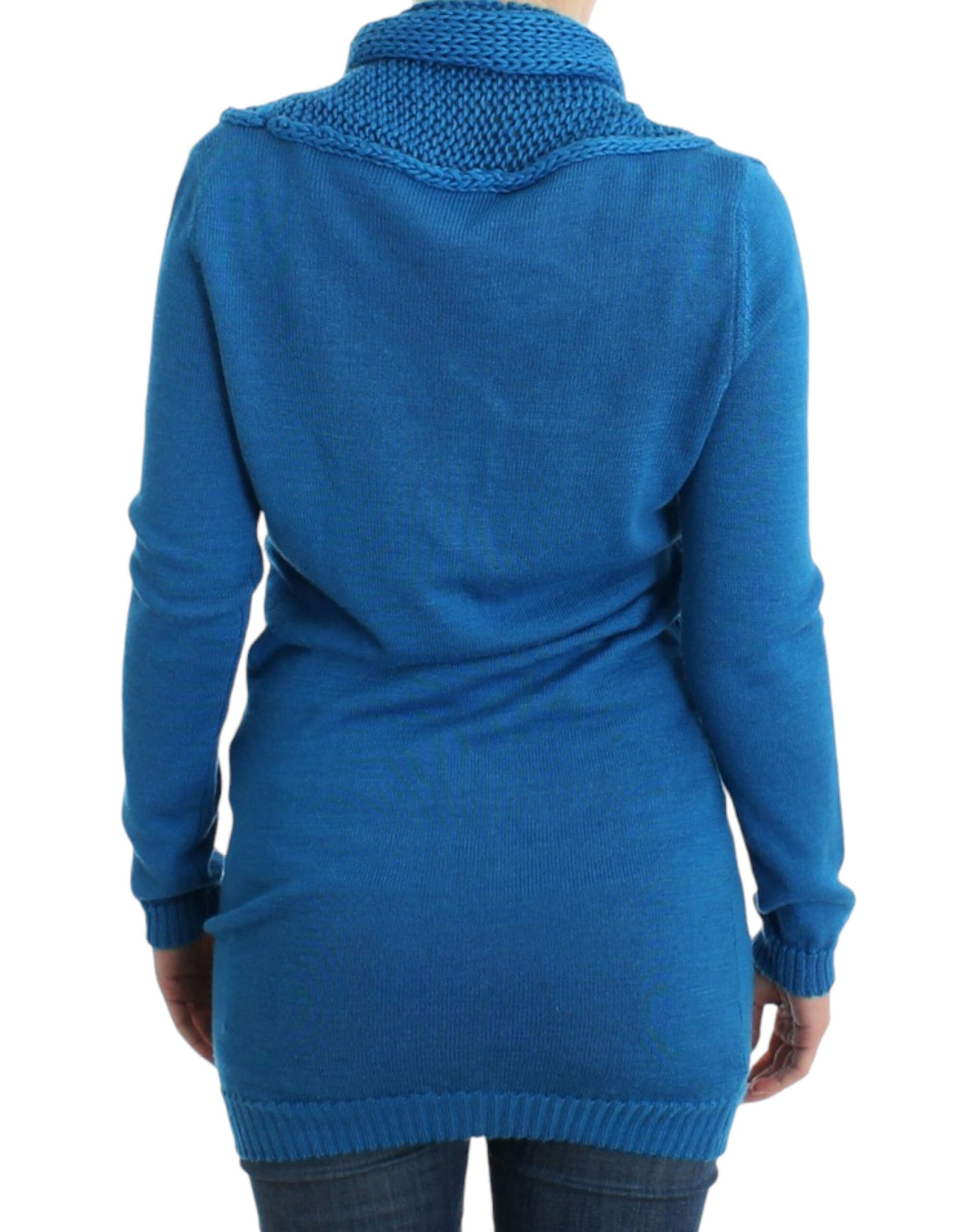 Blue knitted sweater on woman's back