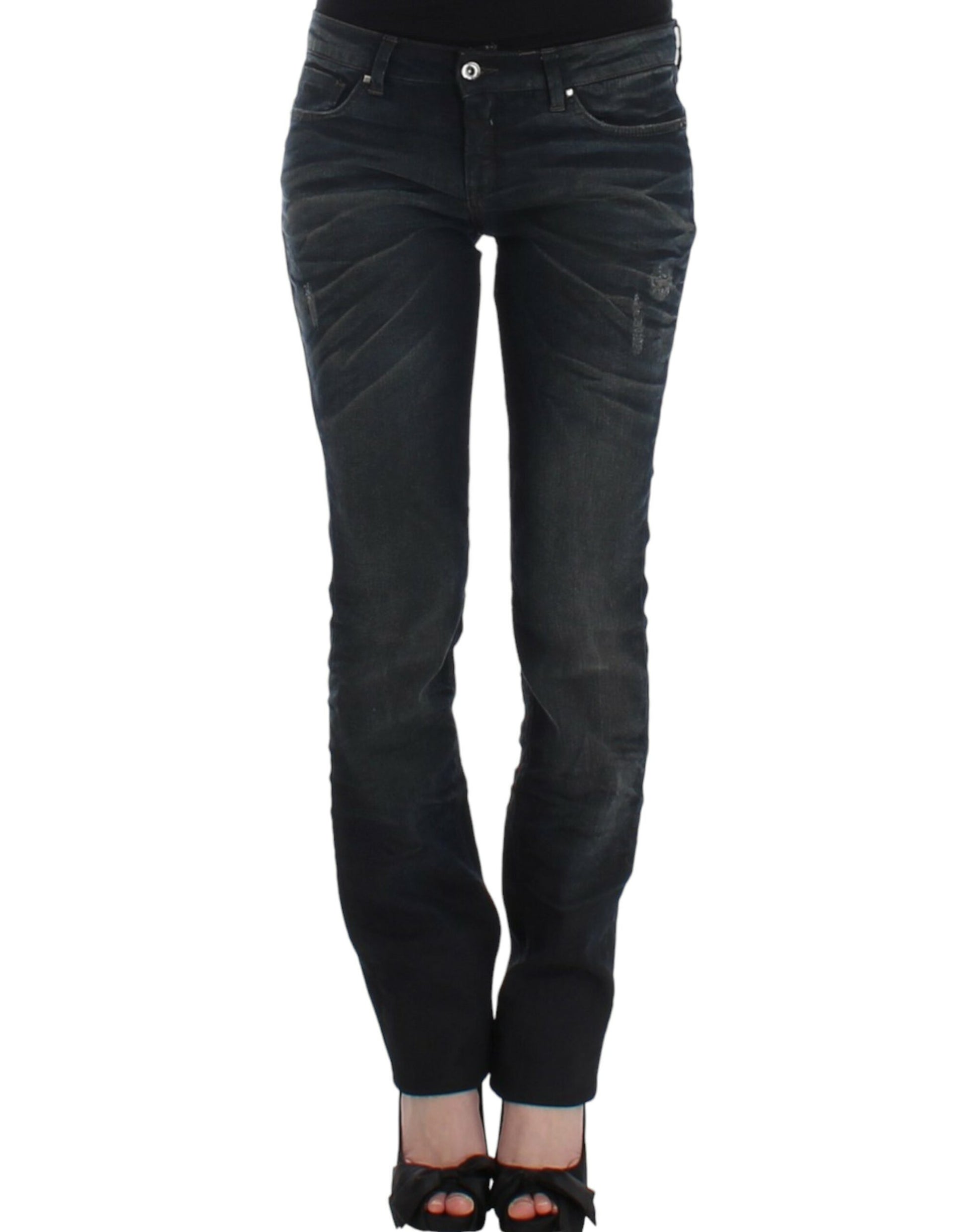 Pair of women's jeans with distressed design and zipper detailing