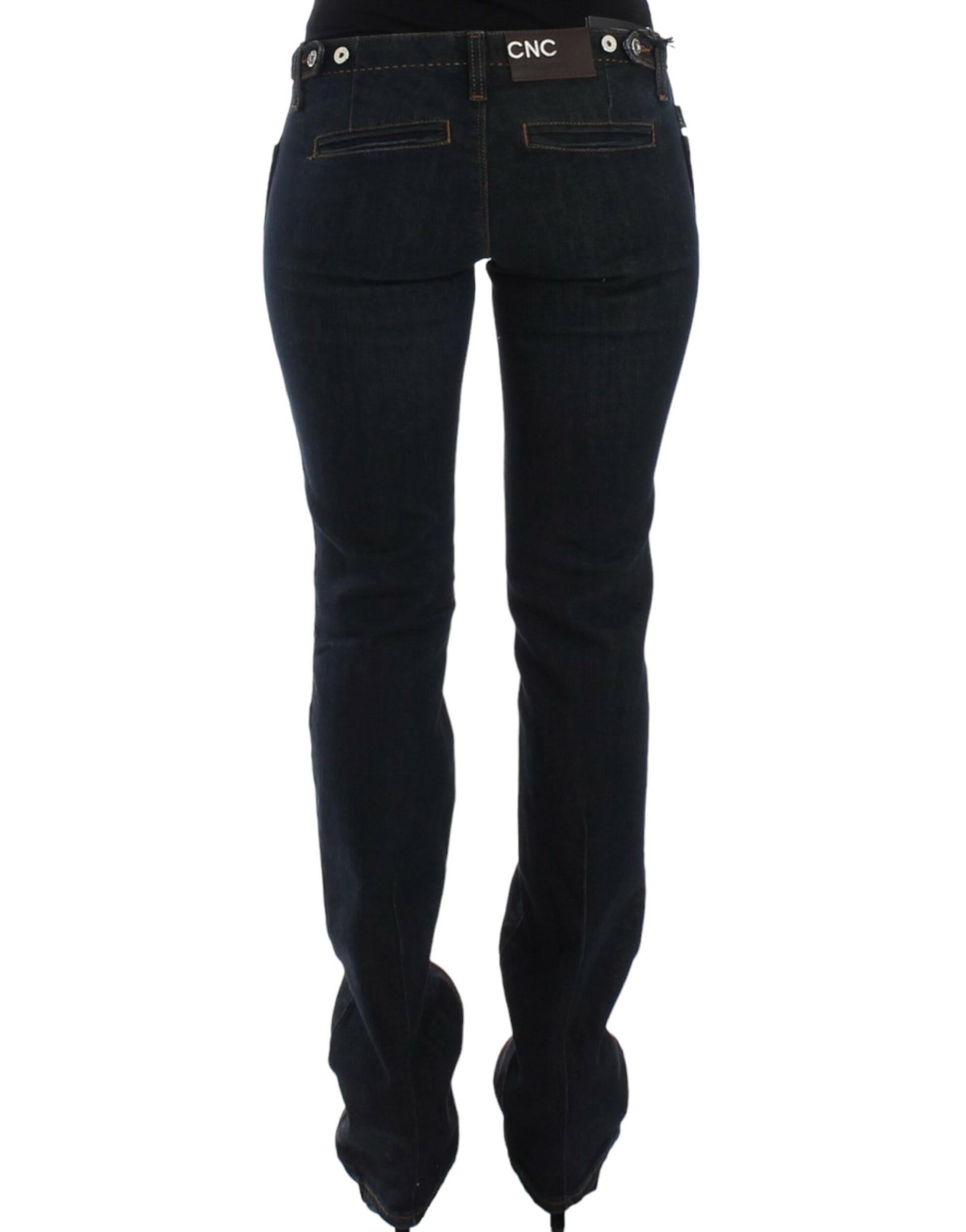 Pair of women's jeans with belt loops and rivets on back pockets