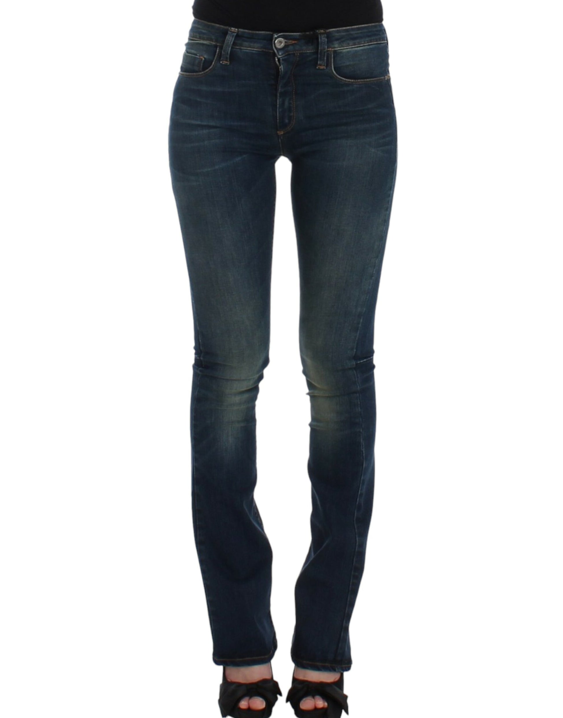 Pair of women's jeans with faded wash and distressed areas on thighs