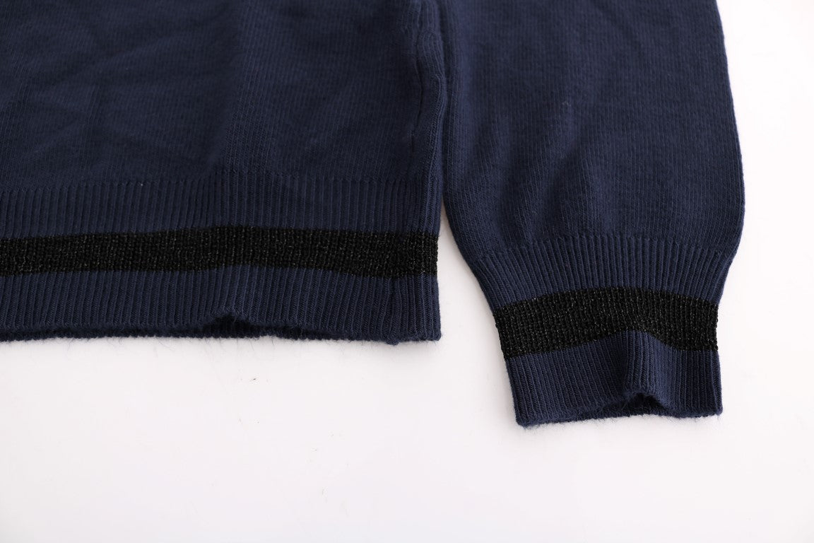 Navy blue knit sweater with ribbed cuffs and hem