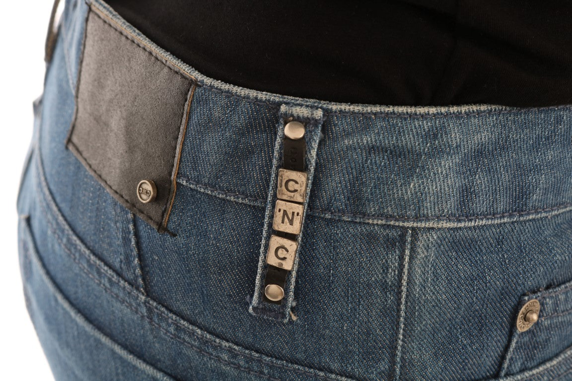 Blue denim jeans with belt loops and a zipper fly