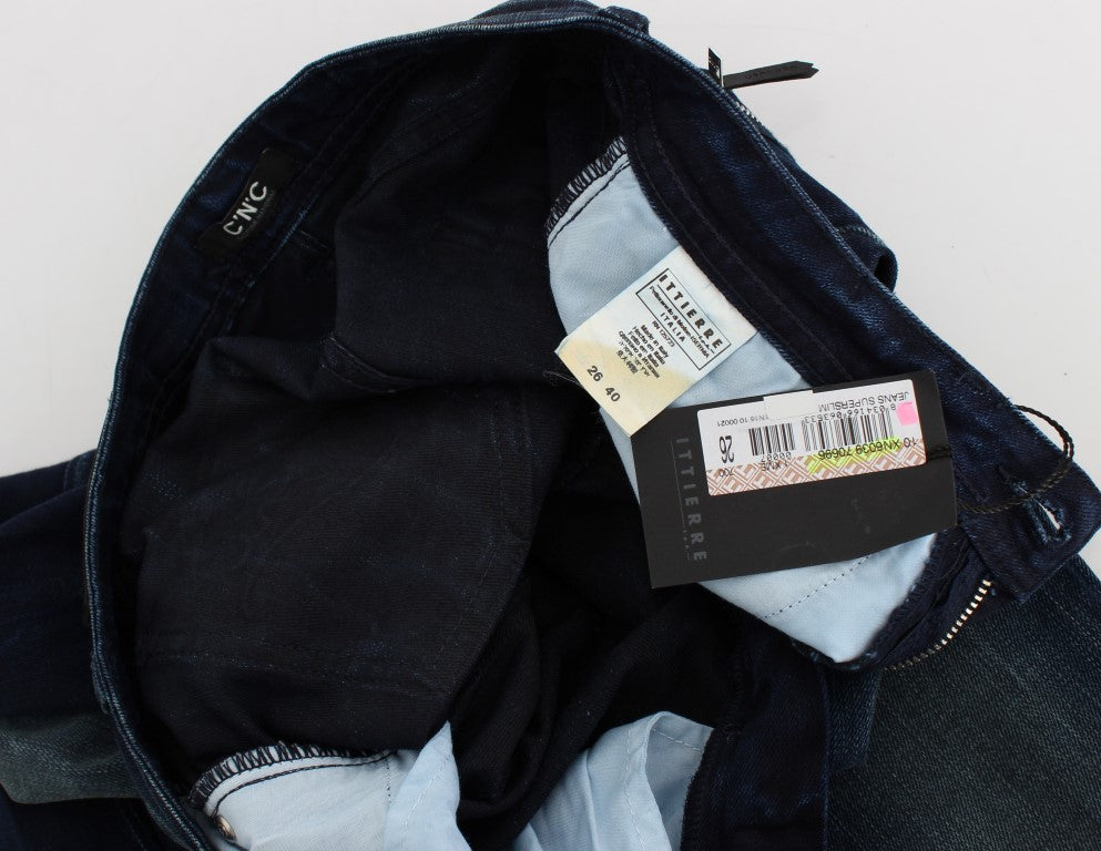 Pair of blue jeans with tag inside waistband