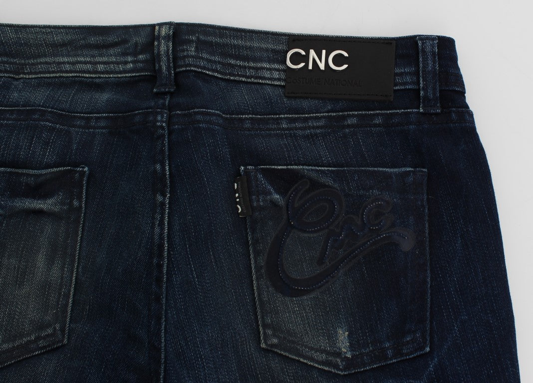 Pair of blue jeans with a label on the waistband