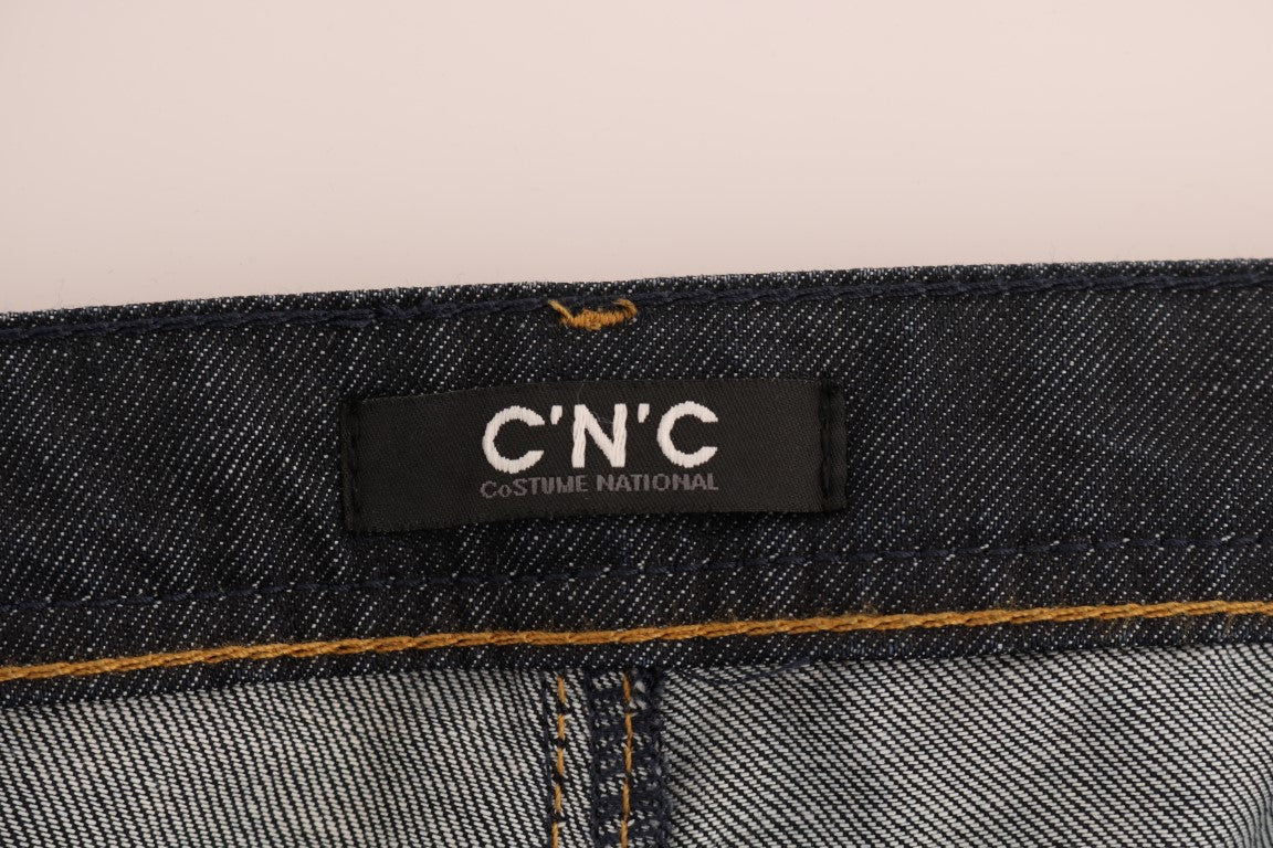 Blue denim jeans with orange stitching