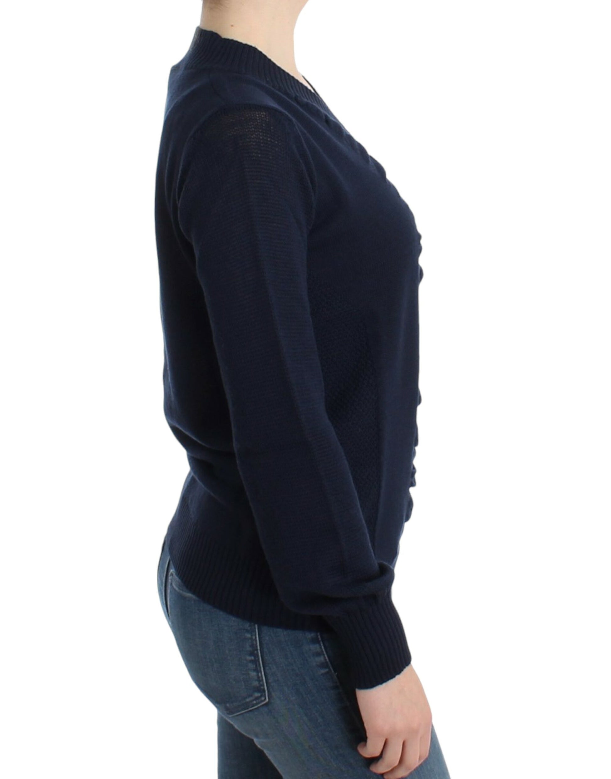 Woman wearing a dark blue sweater